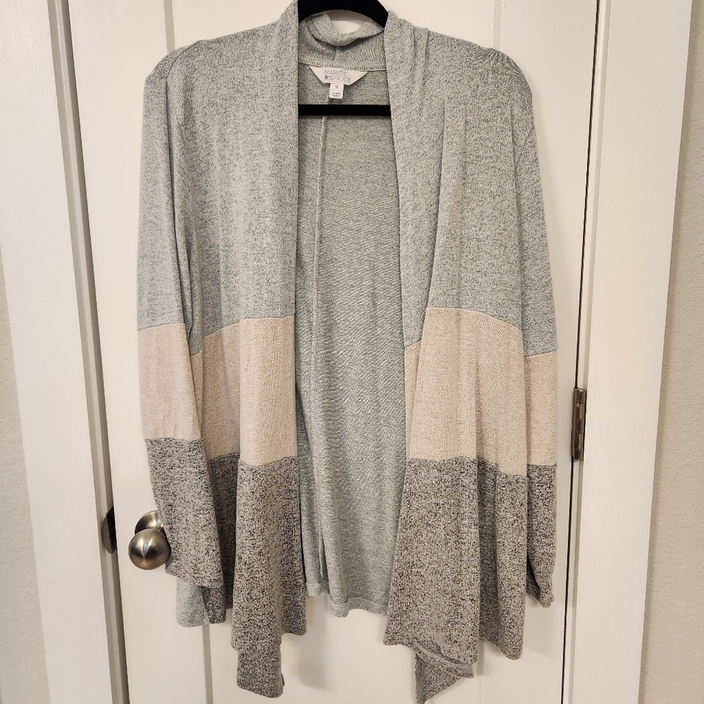 Longsleeve Brushed Knit Colorblock Open Front Cardigan Seafoam, Cream, & Gray